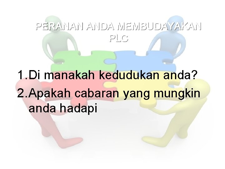 PERANAN ANDA MEMBUDAYAKAN PLC 1. Di manakah kedudukan anda? 2. Apakah cabaran yang mungkin