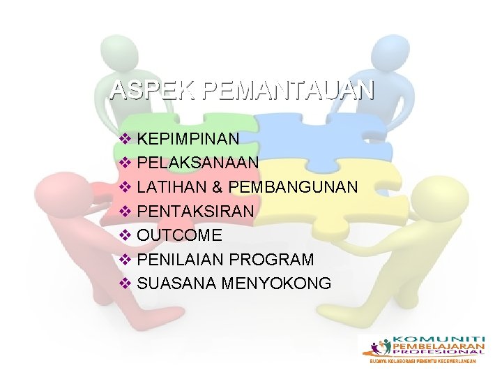 ASPEK PEMANTAUAN v KEPIMPINAN v PELAKSANAAN v LATIHAN & PEMBANGUNAN v PENTAKSIRAN v OUTCOME