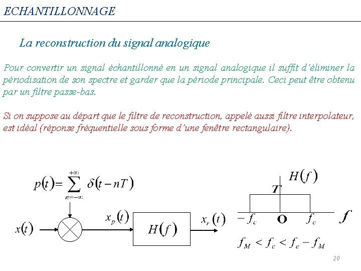 ECHANTILLONNAGE La reconstruction du signal analogique Pour convertir un signal échantillonné en un signal