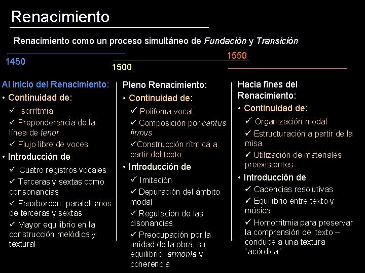 Renacimiento como un proceso simultáneo de Fundación y Transición 1450 1500 Al inicio del