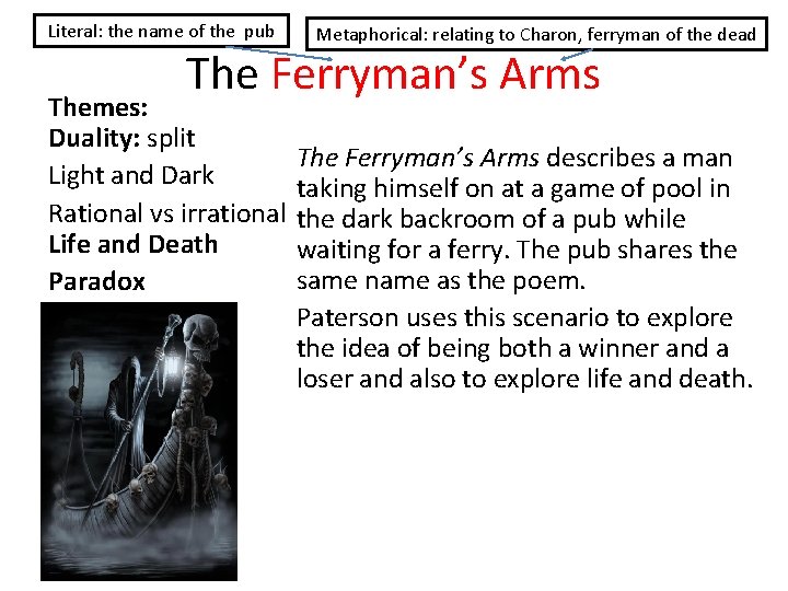 Literal: the name of the pub Metaphorical: relating to Charon, ferryman of the dead Literal: the name of the pub Metaphorical: relating to Charon, ferryman of the dead