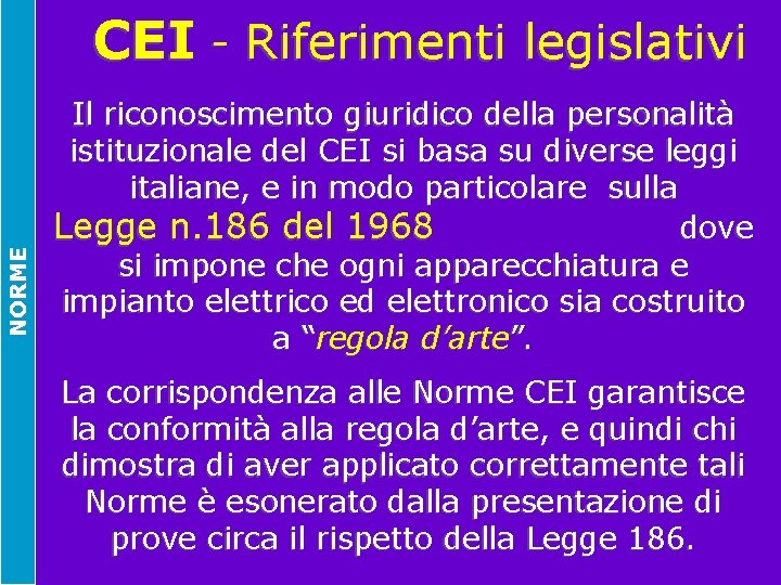 NORME CEI - Riferimenti legislativi Il riconoscimento giuridico della personalità istituzionale del CEI si