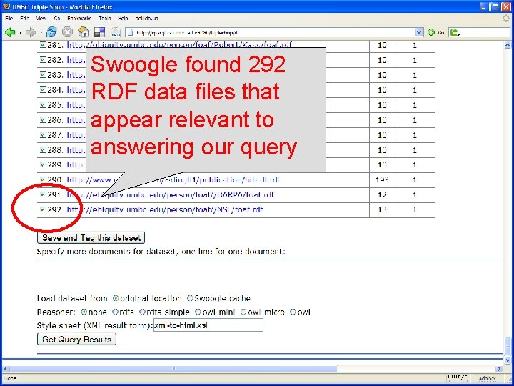Swoogle found 292 RDF data files that appear relevant to answering our query UMBC