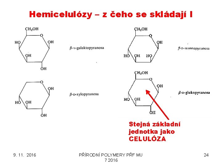 Hemicelulózy – z čeho se skládají I Stejná základní jednotka jako CELULÓZA 9. 11.