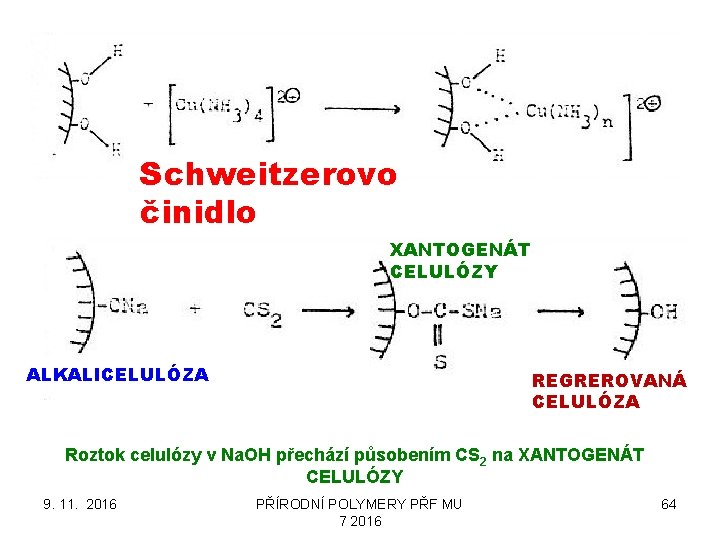 Schweitzerovo činidlo XANTOGENÁT CELULÓZY ALKALICELULÓZA REGREROVANÁ CELULÓZA Roztok celulózy v Na. OH přechází působením