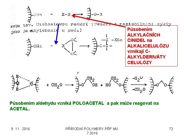 Působením ALKYLAČNÍCH ČINIDEL na ALKALICELULÓZU vznikají CALKYLDERIVÁTY CELULÓZY Působením aldehydu vzniká POLOACETAL a pak