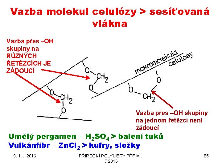 Vazba molekul celulózy > sesíťovaná vlákna Vazba přes –OH skupiny na RŮZNÝCH ŘETĚZCÍCH JE