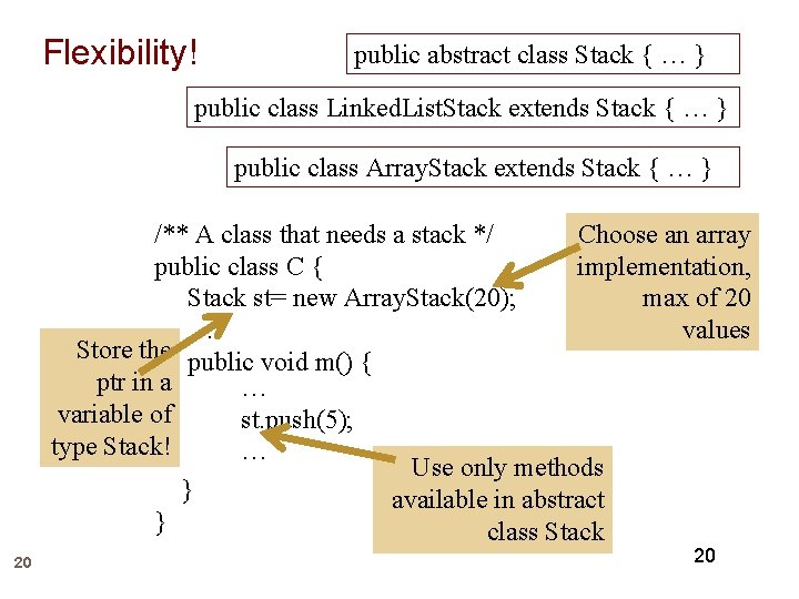 Flexibility! public abstract class Stack { … } public class Linked. List. Stack extends