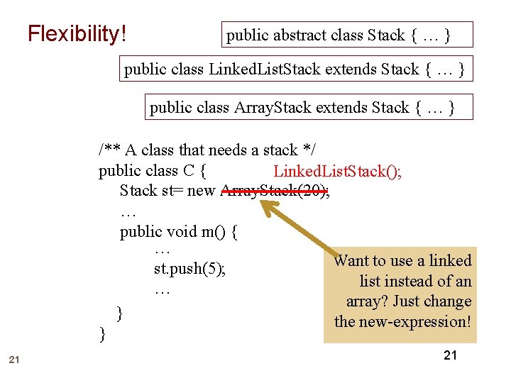 Flexibility! public abstract class Stack { … } public class Linked. List. Stack extends