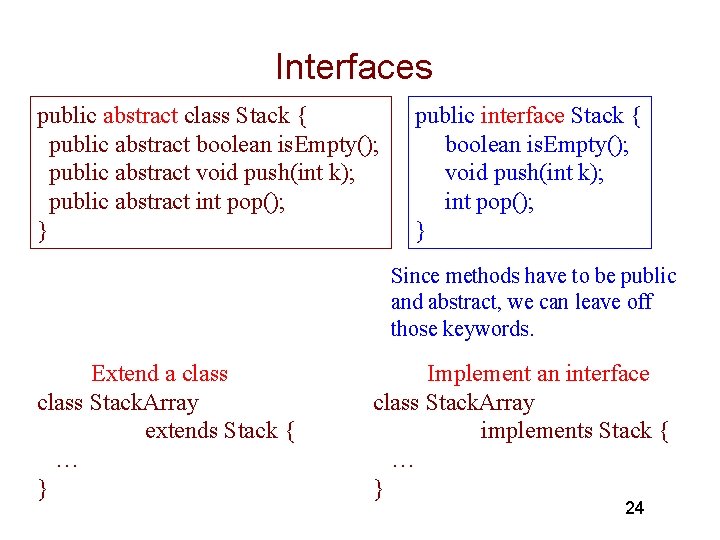 Interfaces public abstract class Stack { public abstract boolean is. Empty(); public abstract void