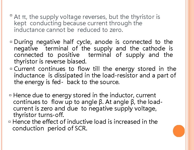 � At π, the supply voltage reverses, but the thyristor is kept conducting because