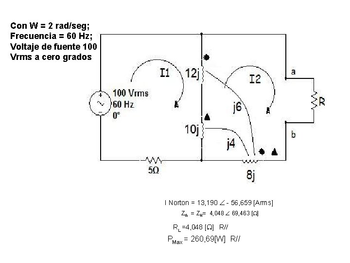 Con W = 2 rad/seg; Frecuencia = 60 Hz; Voltaje de fuente 100 Vrms