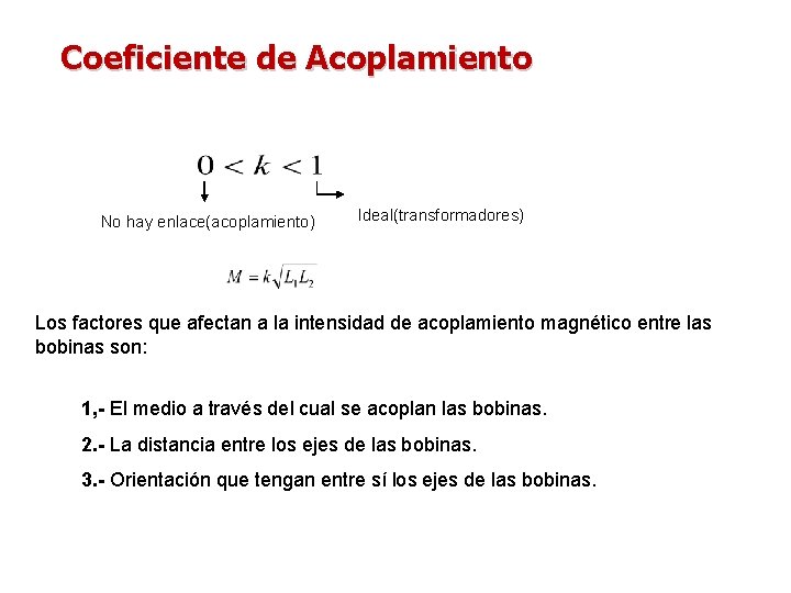 Coeficiente de Acoplamiento No hay enlace(acoplamiento) Ideal(transformadores) Los factores que afectan a la intensidad