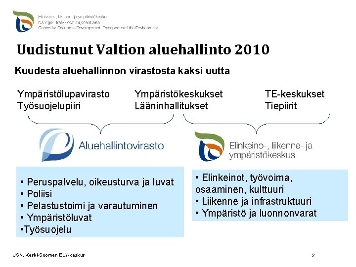 Uudistunut Valtion aluehallinto 2010 Kuudesta aluehallinnon virastosta kaksi uutta Ympäristölupavirasto Työsuojelupiiri Ympäristökeskukset Lääninhallitukset •