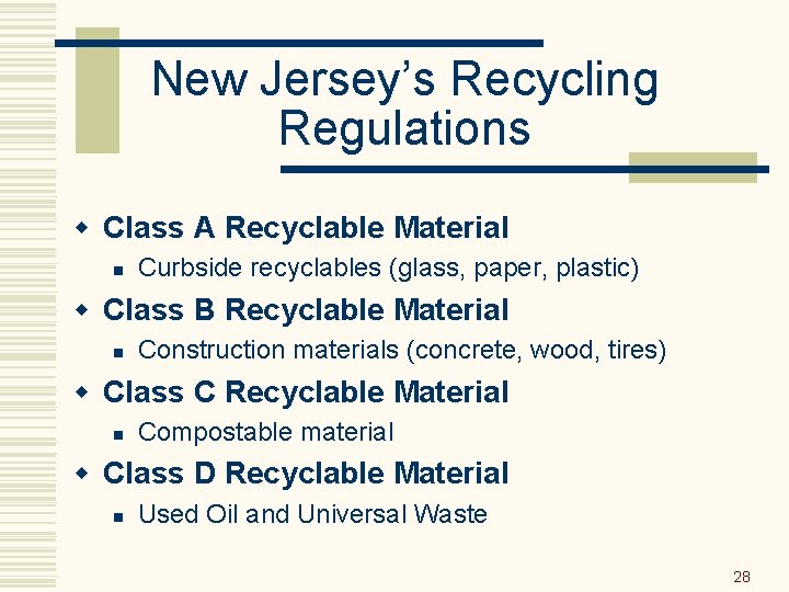 New Jersey’s Recycling Regulations w Class A Recyclable Material n Curbside recyclables (glass, paper,