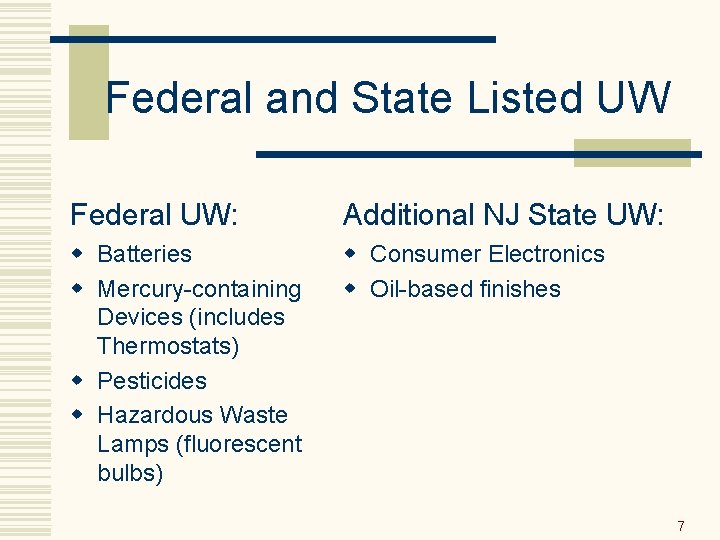 Federal and State Listed UW Federal UW: Additional NJ State UW: w Batteries w