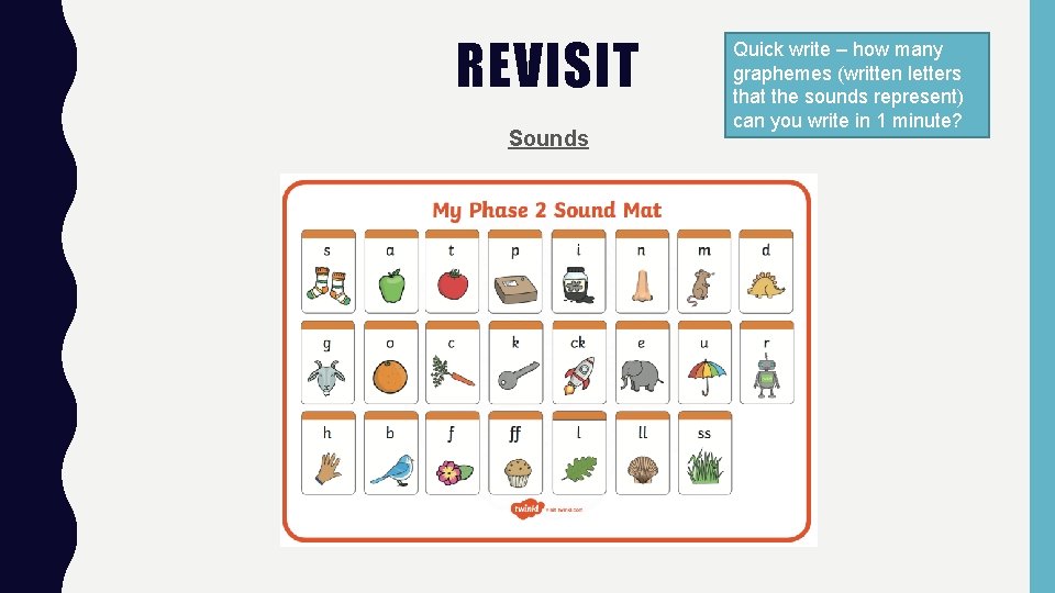 REVISIT Sounds Quick write – how many graphemes (written letters that the sounds represent)