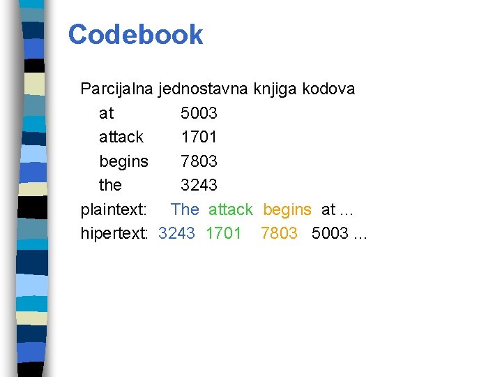 Codebook Parcijalna jednostavna knjiga kodova at 5003 attack 1701 begins 7803 the 3243 plaintext: