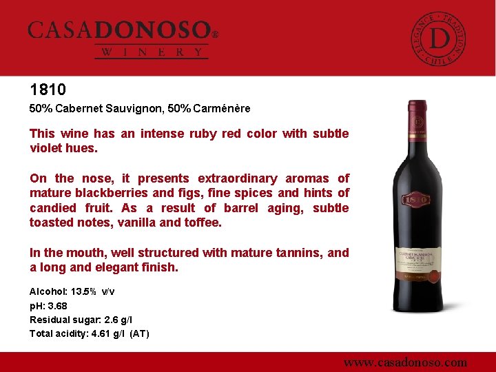 1810 50% Cabernet Sauvignon, 50% Carménère This wine has an intense ruby red color