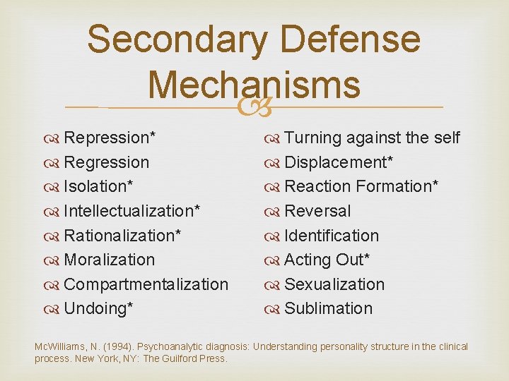 Secondary Defense Mechanisms Repression* Regression Isolation* Intellectualization* Rationalization* Moralization Compartmentalization Undoing* Turning against the