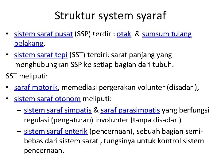 Struktur system syaraf • sistem saraf pusat (SSP) terdiri: otak & sumsum tulang belakang.