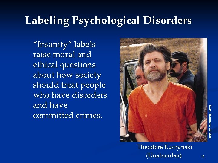 Labeling Psychological Disorders Elaine Thompson/ AP Photo “Insanity” labels raise moral and ethical questions