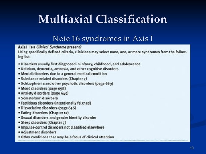 Multiaxial Classification Note 16 syndromes in Axis I 13 