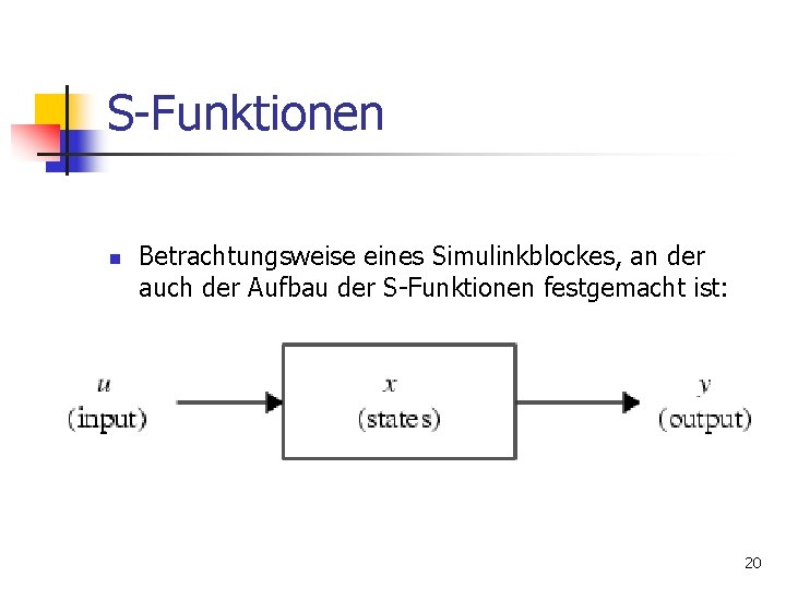 S-Funktionen n Betrachtungsweise eines Simulinkblockes, an der auch der Aufbau der S-Funktionen festgemacht ist: