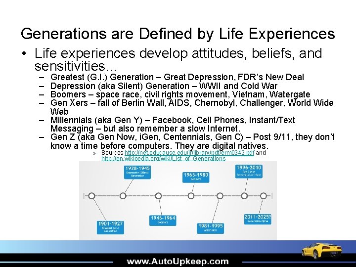 Generations are Defined by Life Experiences • Life experiences develop attitudes, beliefs, and sensitivities…