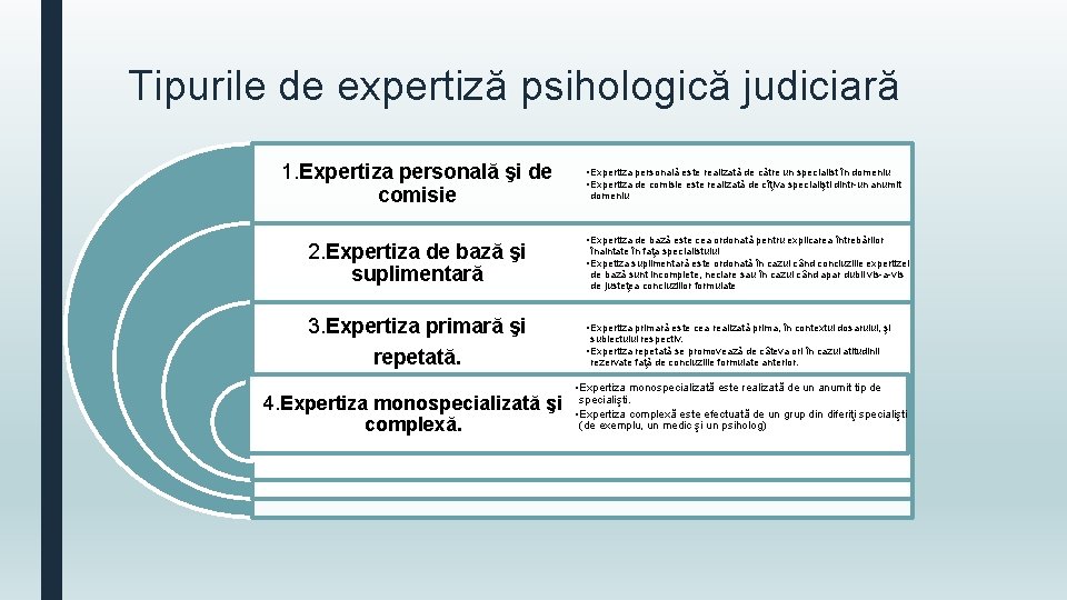 Tipurile de expertiză psihologică judiciară 1. Expertiza personală şi de comisie 2. Expertiza de