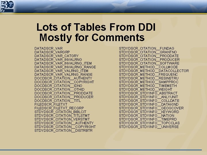 Lots of Tables From DDI Mostly for Comments DATADSCR_VARGRP DATADSCR_VAR_CATGRY DATADSCR_VAR_INVALRNG_ITEM DATADSCR_VAR_INVALRNG_RANGE DATADSCR_VALRNG_ITEM DATADSCR_VALRNG_RANGE