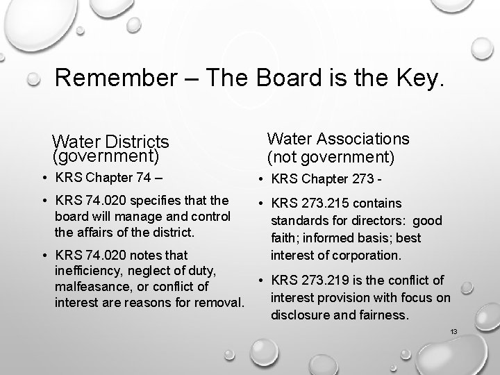 Remember – The Board is the Key. Water Districts (government) Water Associations (not government)