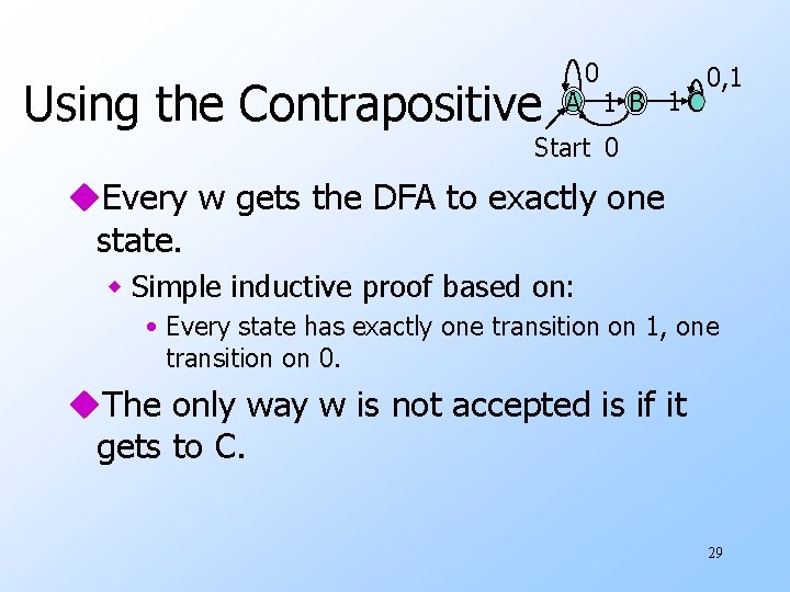 Using the Contrapositive 0 A 1 B 1 C 0, 1 Start 0 u.