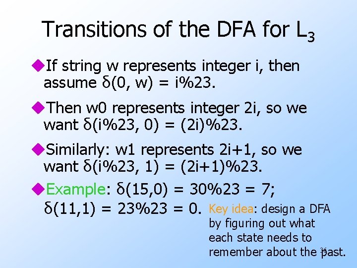 Transitions of the DFA for L 3 u. If string w represents integer i,