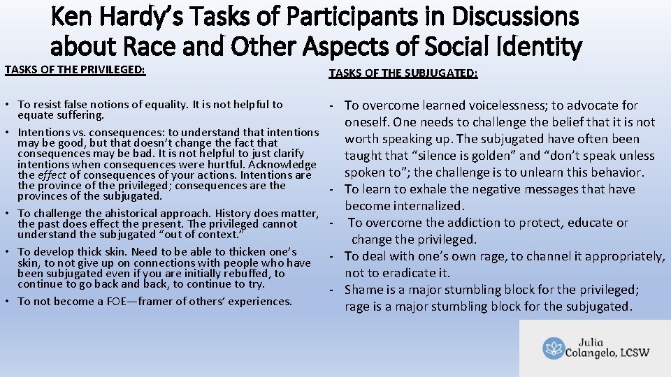 Ken Hardy’s Tasks of Participants in Discussions about Race and Other Aspects of Social Ken Hardy’s Tasks of Participants in Discussions about Race and Other Aspects of Social