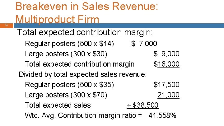36 Breakeven in Sales Revenue: Multiproduct Firm Total expected contribution margin: Regular posters (500