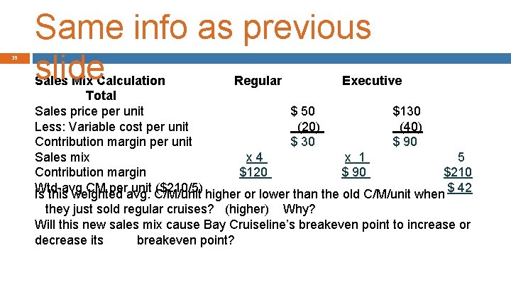 39 Same info as previous slide Sales Mix Calculation Regular Executive Total Sales price
