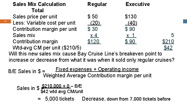 40 Sales Mix Calculation Regular Executive Total Sales price per unit $ 50 $130