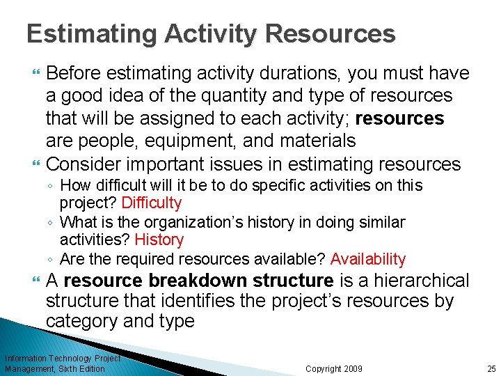 Estimating Activity Resources Before estimating activity durations, you must have a good idea of