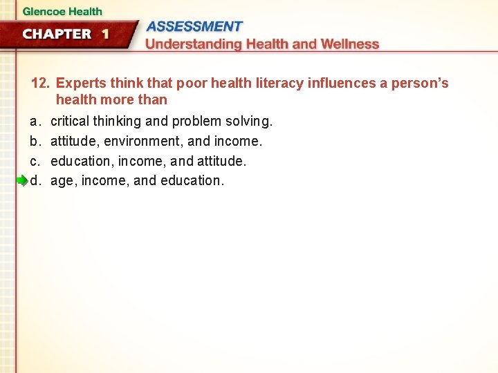 12. Experts think that poor health literacy influences a person’s health more than a.