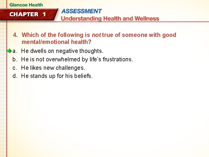 4. Which of the following is not true of someone with good mental/emotional health?