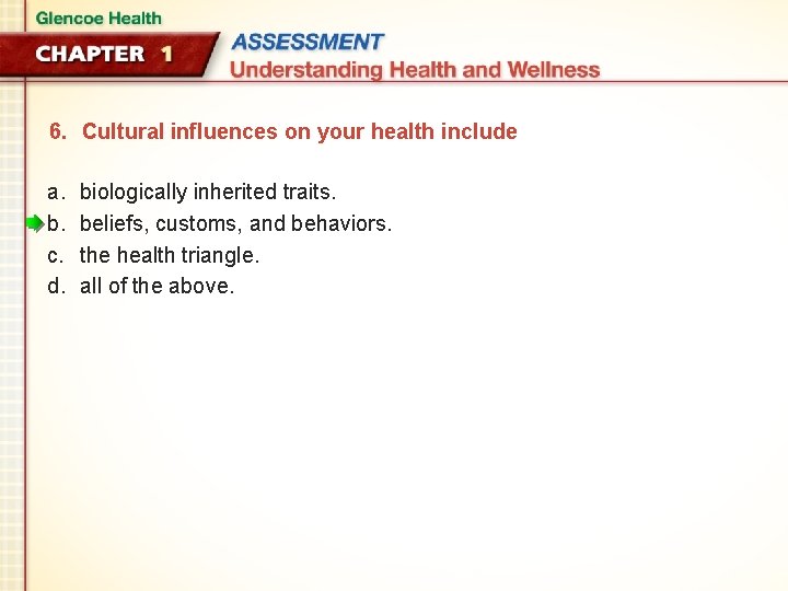 6. Cultural influences on your health include a. b. c. d. biologically inherited traits.