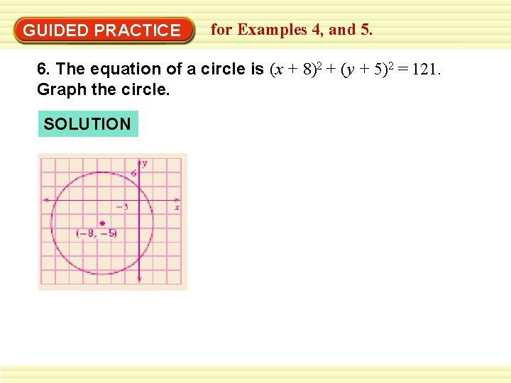 GUIDED PRACTICE for Examples 4, and 5. 6. The equation of a circle is