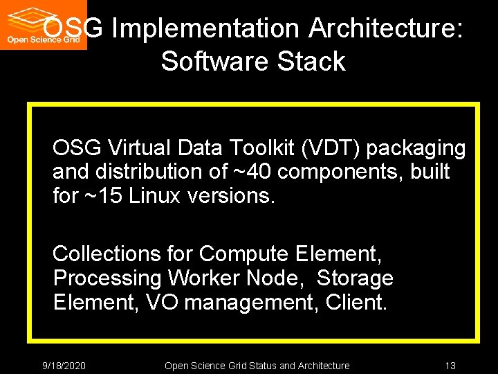 OSG Implementation Architecture: Software Stack OSG Virtual Data Toolkit (VDT) packaging and distribution of OSG Implementation Architecture: Software Stack OSG Virtual Data Toolkit (VDT) packaging and distribution of