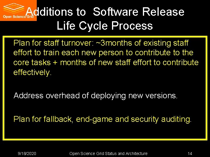 Additions to Software Release Life Cycle Process Plan for staff turnover: ~3 months of Additions to Software Release Life Cycle Process Plan for staff turnover: ~3 months of