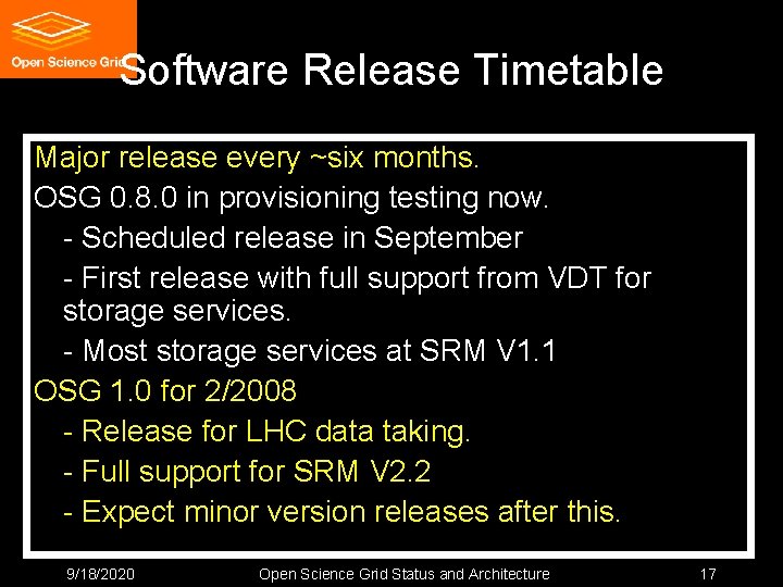 Software Release Timetable Major release every ~six months. OSG 0. 8. 0 in provisioning Software Release Timetable Major release every ~six months. OSG 0. 8. 0 in provisioning