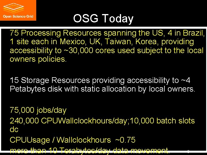 OSG Today 75 Processing Resources spanning the US, 4 in Brazil, 1 site each OSG Today 75 Processing Resources spanning the US, 4 in Brazil, 1 site each