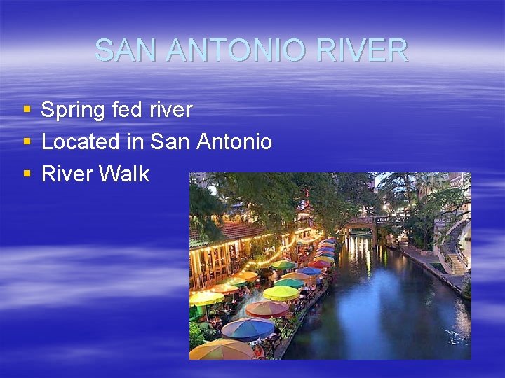 SAN ANTONIO RIVER § § § Spring fed river Located in San Antonio River