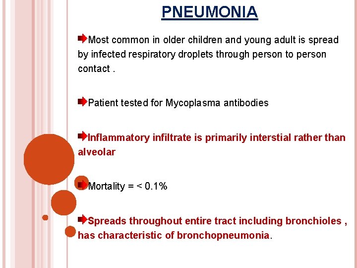 PNEUMONIA Most common in older children and young adult is spread by infected respiratory