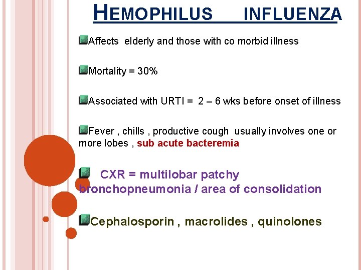 HEMOPHILUS INFLUENZA Affects elderly and those with co morbid illness Mortality = 30% Associated